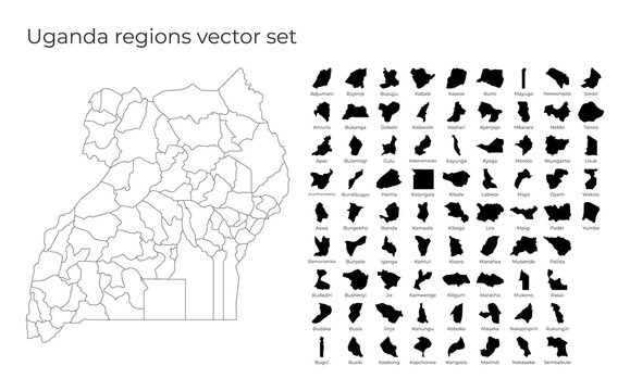Uganda map with shapes of regions. Blank vector map of the country with regions. Borders of the country for your infographic. Vector illustration.