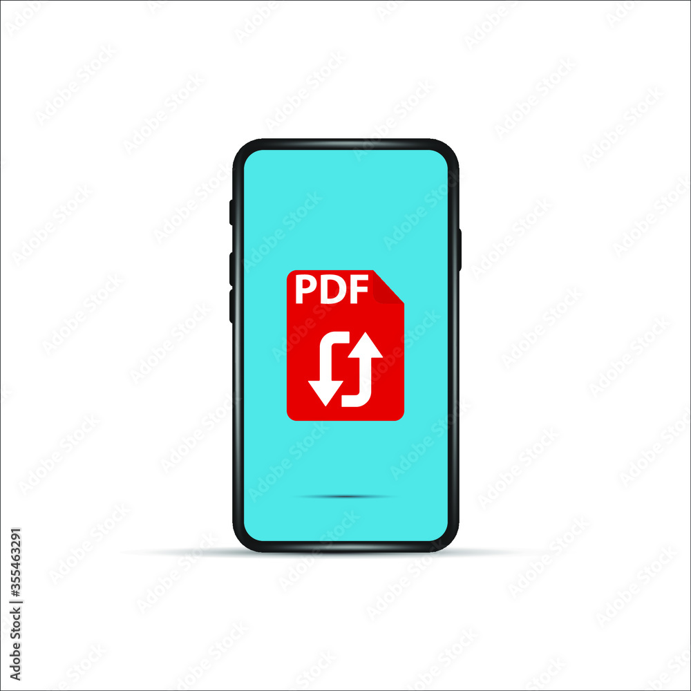 Poster download pdf file by cartoon mobile phone. concept of upload files to your telephone such as docs bo