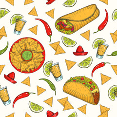 Seamless pattern with hand drawn Mexican food -  chili pepper,  guacamole, lime, jalapenos, nachos, tacos, burritos, tequila on white. Sketch. Cinco de Mayo 