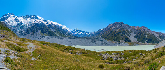 Aoraki / Mount Cook viewed behind Mueller lake in New Zealand