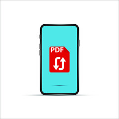 download pdf file by cartoon mobile phone. concept of upload files to your telephone such as docs books and more. flat simple style trend modern logotype graphic design isolated on white background