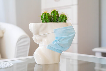 Head - flowerpot - with cactus and proctective mask