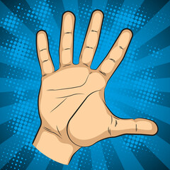 The open palm in pop art style. Human sign greeting, illustration