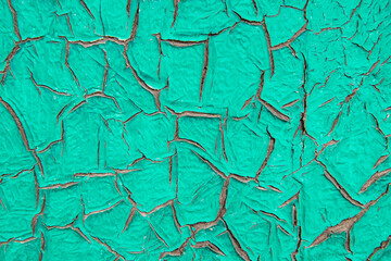 Green paint cracked from the effects of natural phenomena. Texture.