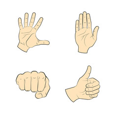 Collection human hand various gestures sketch thumbs up knuckles outline