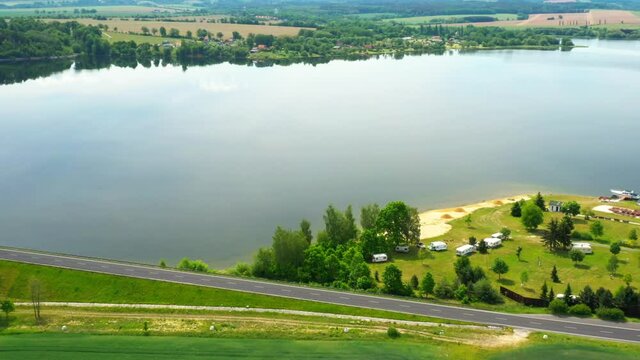 The Jesenice Reservoir on Odrava River is dam in Cheb. Aerial view to important source of sustainable energy in Czech Republic.