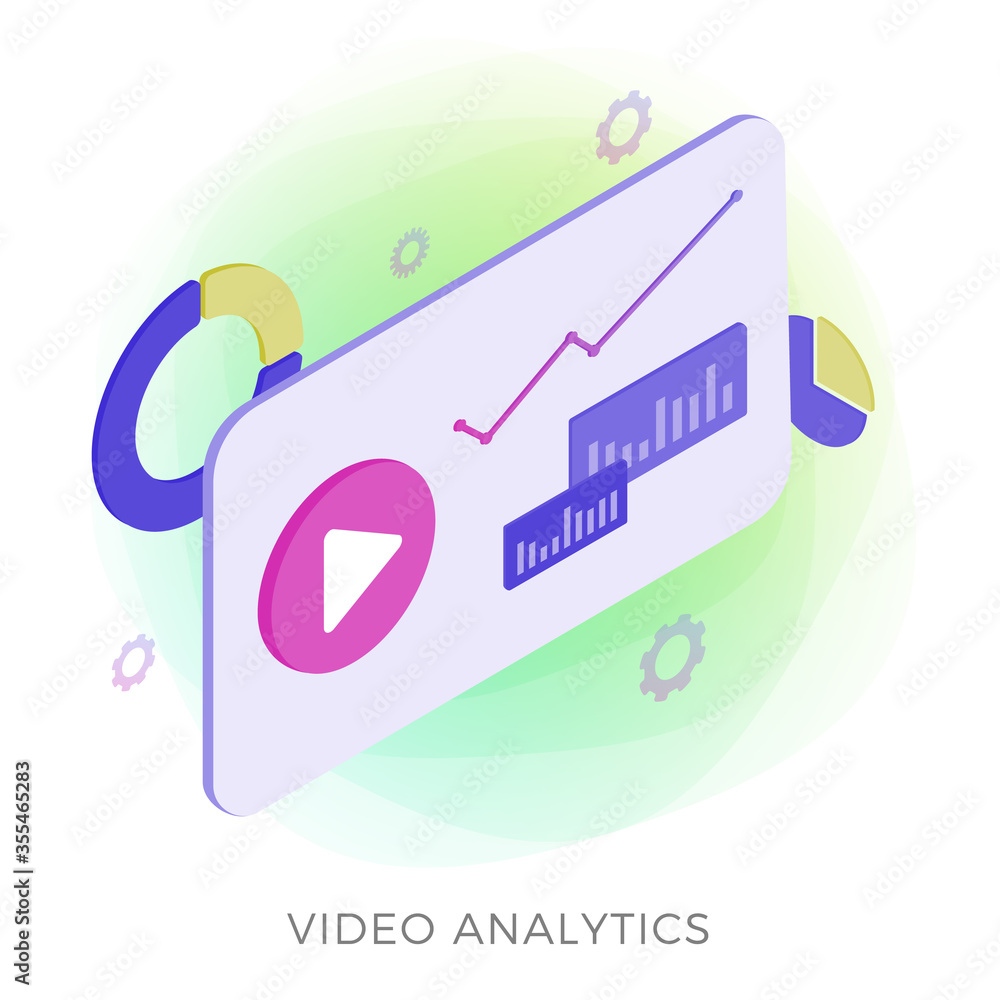Poster video analytics isometric modern vector icon. data analysis with media marketing concept. window wit