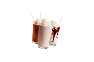 Glass of ice cream milkshake with chocolate on white background