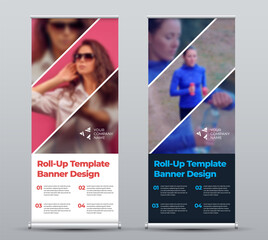 White and black roll up banner template for beauty and sports, in diagonal design