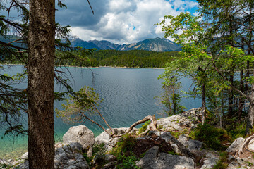 Beautiful Eibsee in Bavaria is popular place for recreation . High quality photo