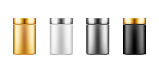 Black, gold, silver, white plastic jar bottle mockup with metalic cap isolated from background. Packaging design. Blank sport dietary nutrition, healthcare template. 3d realistic vector illustration