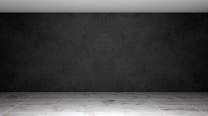 Dark concrete wall and white marble tiles floor. Empty room. Modern interior background. 3d illustration.