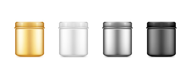 Black, silver,gold, white plastic jar mockup isolated from background. Packaging design. Blank sport, householding or dietary nutrition, healthcare bottle template. 3d realistic vector illustration