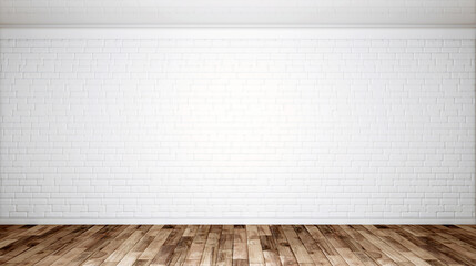White brick wall and wood parquet. Empty room. Interior background. 3d illustration.