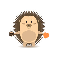 Cute cartoon Hedgehog with a Cup of coffee and a heart. Vector illustration isolated on a yellow background. The concept of good morning, friendship and love