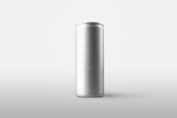 Mockup can with cool refreshing drink, aluminum bottle with drops for design presentation.