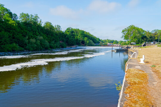 River Trent quayside near Gunthorpe locks and weir on a spring morning