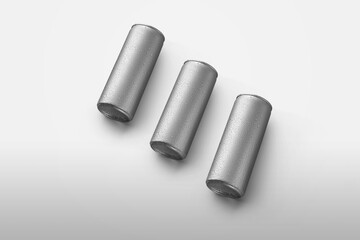 Template metal bottle with drops of condensate, can with a refreshing drink, beer or tonic, isolated on background.