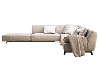 Modern light beige corner fabric sofa with chaise lounge. 3d render.