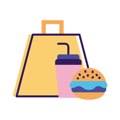 burger and soda in shopping bag delivery service line and fill style