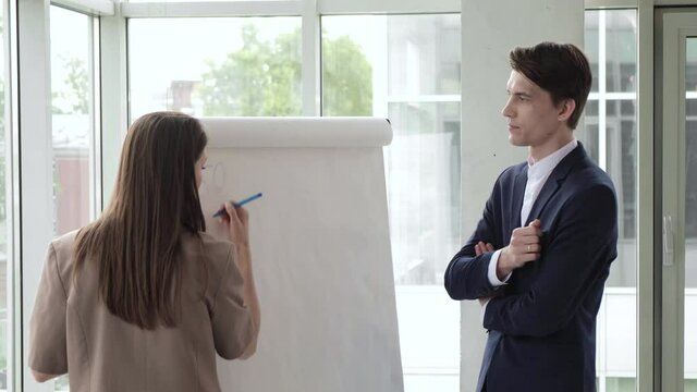 A businesswoman gives a presentation on an easel as her colleagues listen. Female manager presents new project plan to colleagues at meeting, explaining ideas on flipchart to coworkers in office, busi