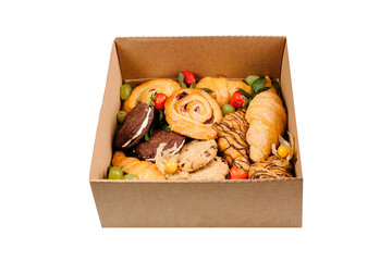 Collection of take away kraft boxes with different food. Set of containers with everyday meals - cookies,crossaints, snacks on white background, 