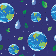 Seamless pattern with planet earth, leaf and a drop of water, Flat vector stock illustration with random objects as a concept of ecology and eco