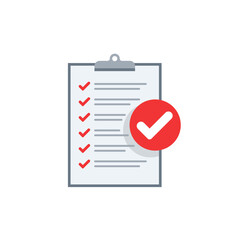 Check list icon - paper with questionnaire or checkbox form bith big tick mark - isolated vector illustration