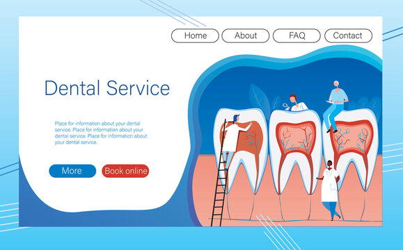 Site layout or web template for dental clinic, flat vector stock illustration with small dentists and big teeth for a landing