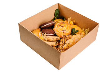 Collection of take away kraft boxes with different food. Set of containers with everyday meals - cookies,crossaints, snacks on white background, 