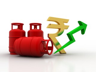 3D rendering illustration Gas Cylinder with indian rupee near up arrow