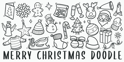 Merry Christmas Doodle Line Art Illustration. Hand Drawn Vector Clip Art. Banner Set Logos.