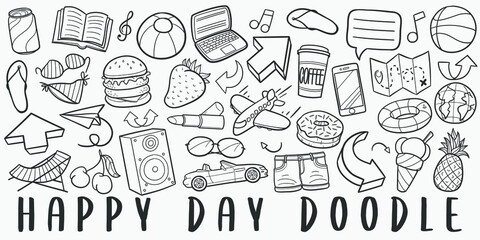 Happy Day Doodle Line Art Illustration. Hand Drawn Vector Clip Art. Banner Set Logos.