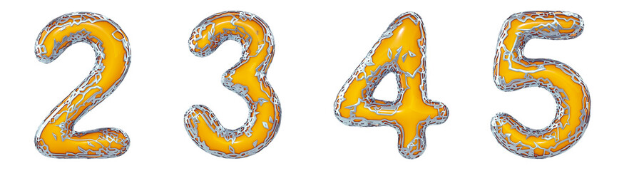 Number set 2, 3, 4, 5 made of realistic 3d render golden shining metallic. Collection of gold shining metallic with yellow color plastic symbol