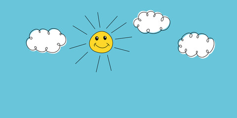 Smiling sun and clouds in the sky, childish vector drawing