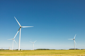 Windfarm generating clean renewable energy on sunny summer day with clear blue sky global warming