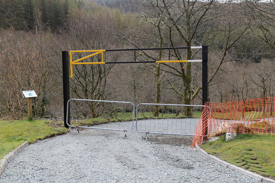 The closed (due to covid-19) entrance to a picnic ground on the Dulas River in a pretty valley in Wales.