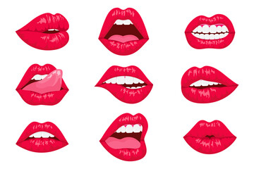 Red lips collection. Vector illustration of sexy womans realistic lips