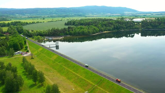 The Jesenice Reservoir on Odrava River is dam in Cheb. Aerial view to important source of sustainable energy in Czech Republic.