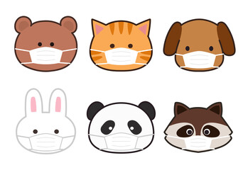 Bear, Cat, Dog, Rabbit, Raccoon and Panda wearing a medical face mask. Vector illustration isolated on white background.