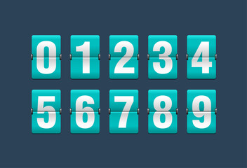 Flip countdown clock - vector digits - turquoise counter timer, time remaining count down scoreboard in flip board with different digits from 0 to 9