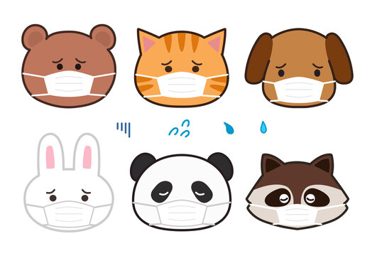 Bear, Cat, Dog, Rabbit, Raccoon and Panda wearing a face mask and having a painful expression. Vector illustration isolated on white background. 