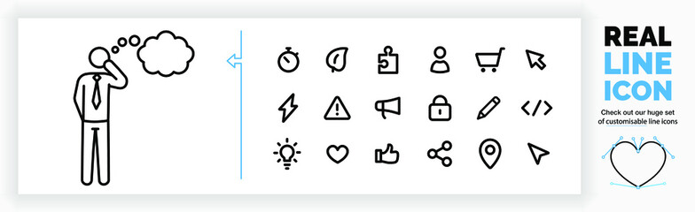 Editable line icon of a stick figure businessman think about