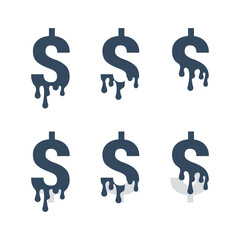 Melted money - dollar sign with melting water drops - vector isolated element in six variations