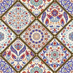 Seamless ceramic tile with colorful patchwork. Vintage multicolor pattern in turkish style. Hand drawn background. Islam, Arabic, Indian, ottoman motifs - 355474898