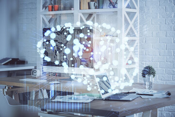 Double exposure of work table with computer and brain sketch hologram. Brainstorming concept.