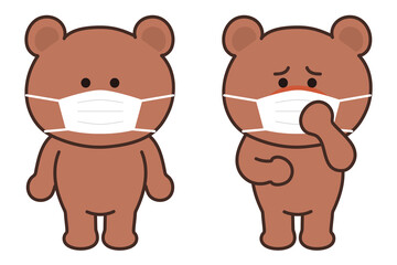 Set of a bear seems to be sick with a medical face mask. Vector illustration isolated on white background.