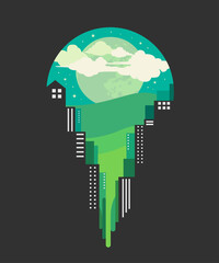 Obraz premium Night city and the Green world. Cityscape in a nature. Vector Illustration.