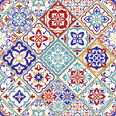 Seamless ceramic tile with colorful patchwork. Vintage multicolor pattern in turkish style. Endless pattern can be used for ceramic tile, wallpaper, linoleum, textile, web page background. Vector