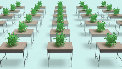 The virus on table in class 3d rendering for virus crisis in school  content.
